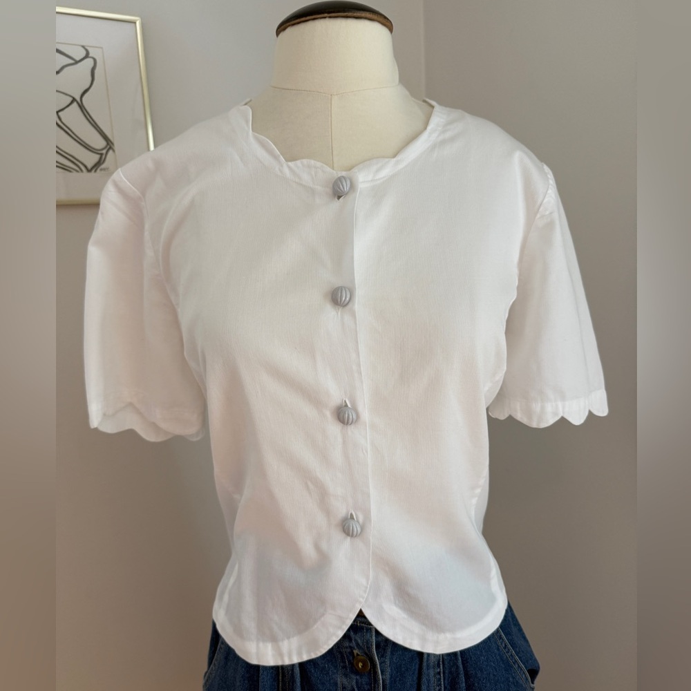 White Scalloped Button-Up Blouse